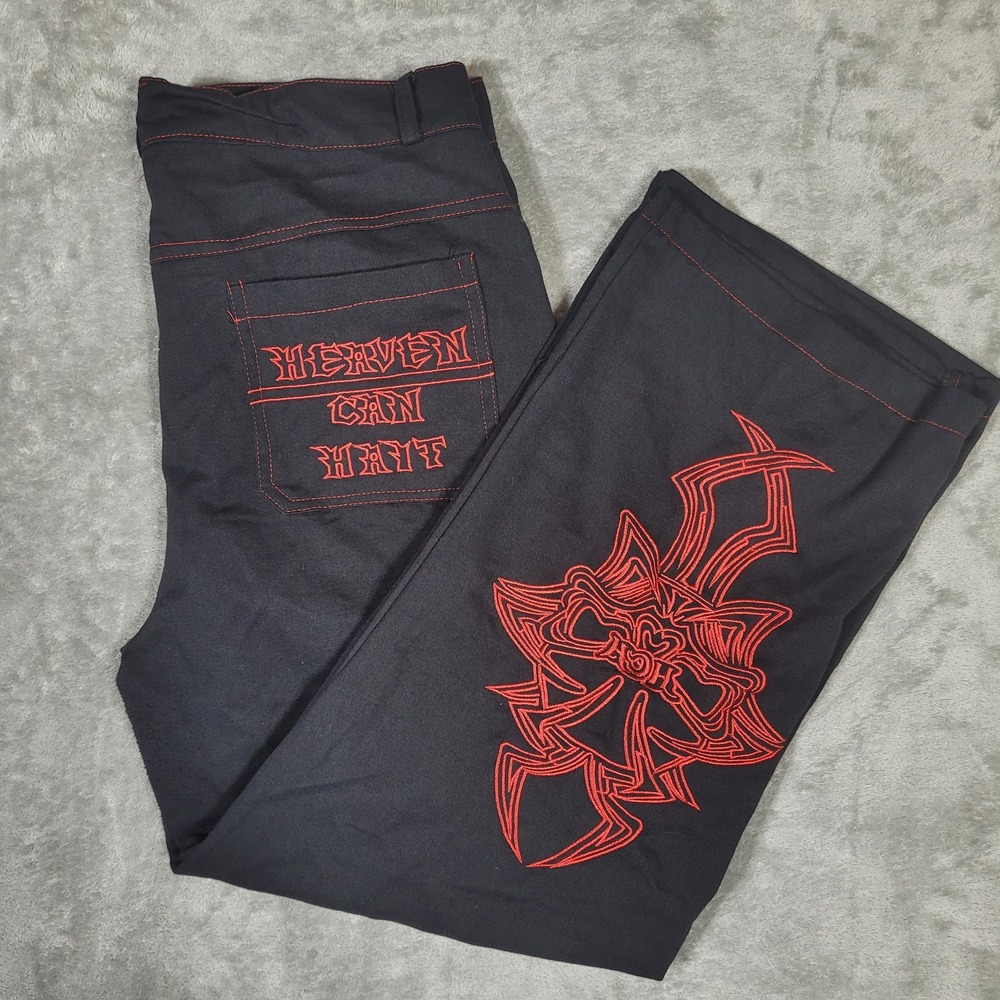 Heaven Can Wait Pants Mens 40 Black Red Embroidered Skeleton Graphic Streetwear - Picture 11 of 12